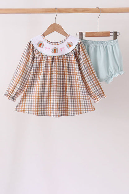 Khaki Turkey Bow Embroidery Bloomer Set