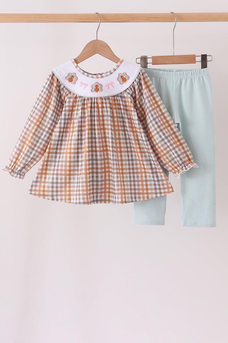 Khaki Turkey Bow Embroidery Pants Set