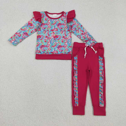 Sibling Baby Girls Watercolor Floral Top Pockets Ruffle Jogger Pants Clothes Sets