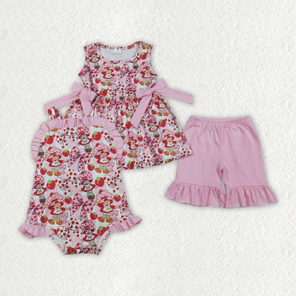 Sibling Baby Strawberry Girls Bows Tunic Ruffle Short Clothes Set Back Bow Rompers