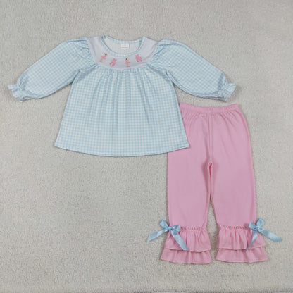 Sibling Baby Girls Embroidery Bows Hearts Tunic Ruffle Pants Valentines Clothes Sets