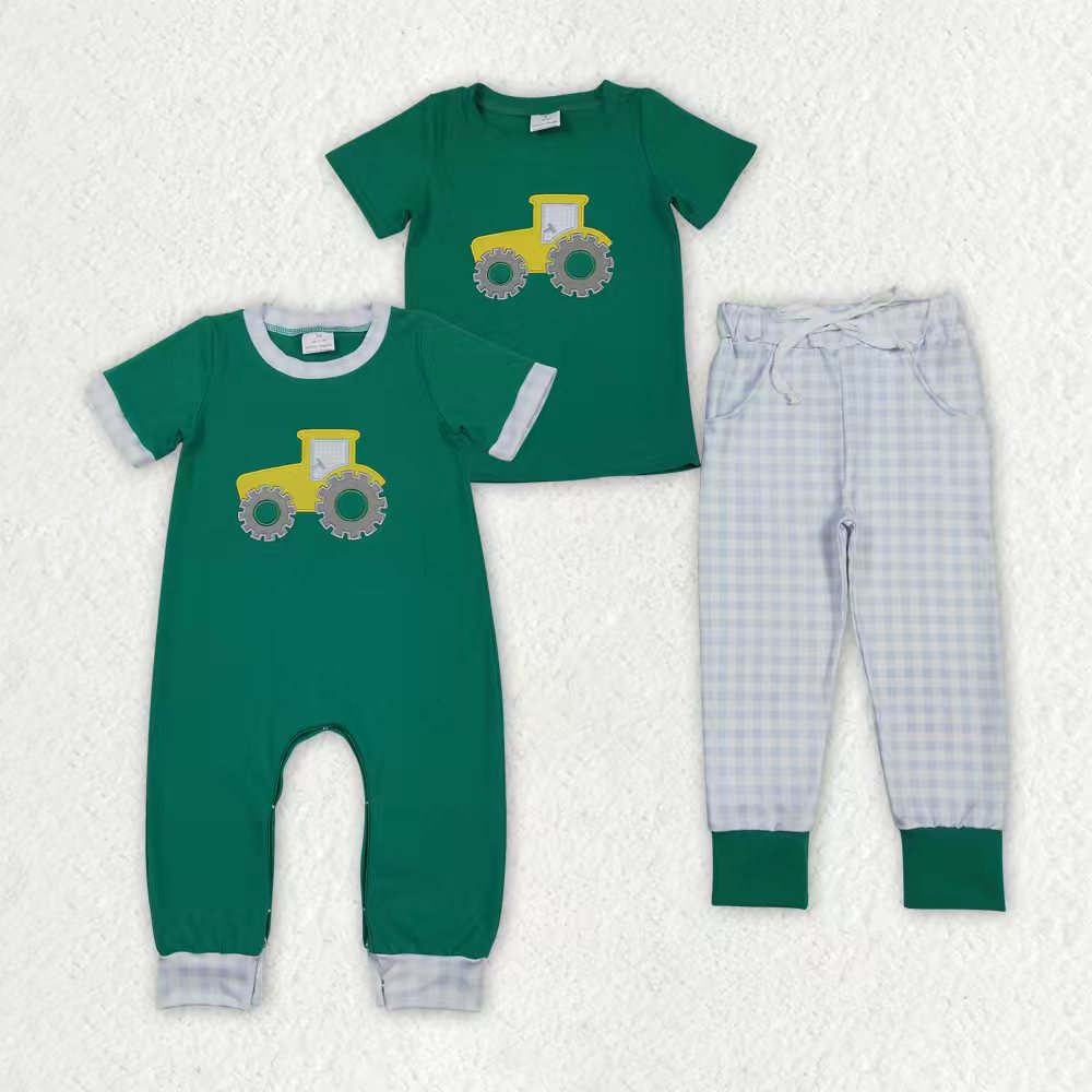 Sibling Baby Boys Green Embroidery Trucks Checked Pockets Pants Farm Set Footie Rompers