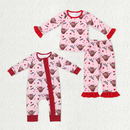 Sibling Baby Girls Hearts Highland Cows Top Ruffle Pants Valentine Pajamas Sets Zipper Footie Rompers