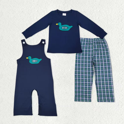 Sibling Baby Boys Embroidery Ducks Top Checked Pants Hunting Clothes Sets Pant Rompers