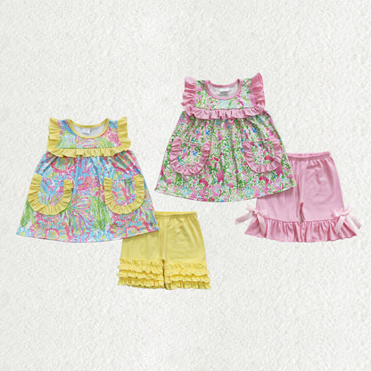Sibling Baby Girls Sleeveless Watercolor Floral Tunic Ruffle Shorts Set