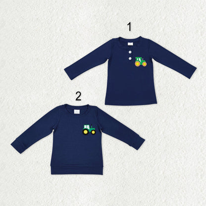 Sibling Baby Boys Girls Embroidery Farm Trucks Button Tee Shirts Tops