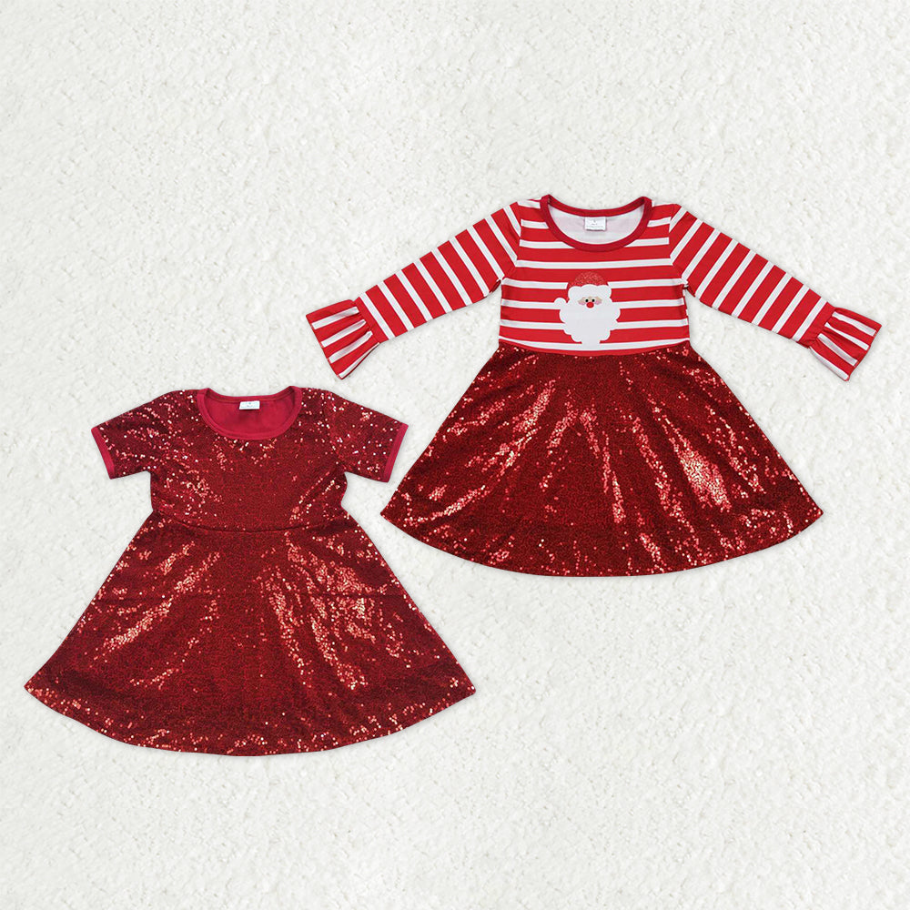 Sibling Baby Girls Christmas Embroidery Santa Sequin Ruffle Knee Length Dresses