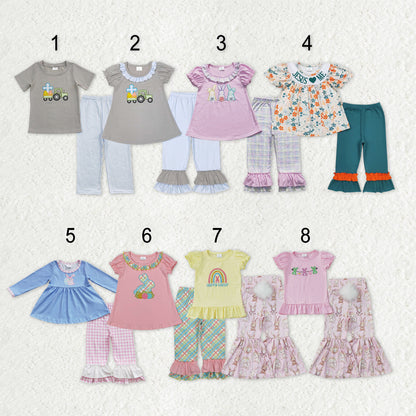 Sibling Baby Kids Embroidery Rabbits Eggs Jesus Top Pants Easter Clothes Set