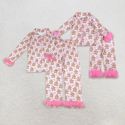 Mama and Me Pink Bows Gingerbread Button Top Pants Christmas Fur Pajamas Sets