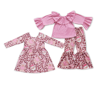 Sibling Baby Girls Leopard Santa Shirts Bell Bottom Pants Christmas Clothes Sets Knee Length Dresses