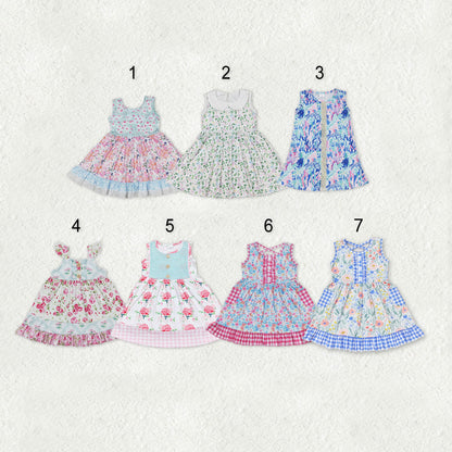 Sibling Baby Girls Flowers Plaid Button Pockets Ruffle Knee Length Dresses