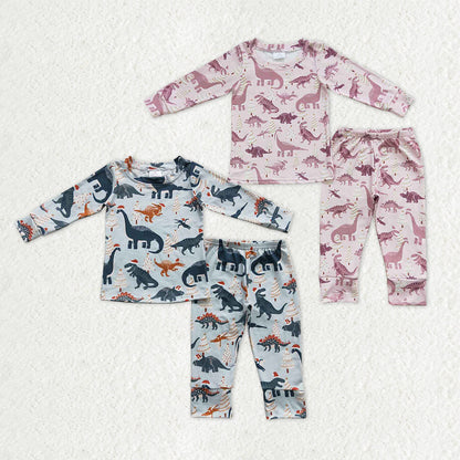 Sibling Baby Boys Girls Christmas Hats Dinosaurs Trees Top Pant Pajamas Sets