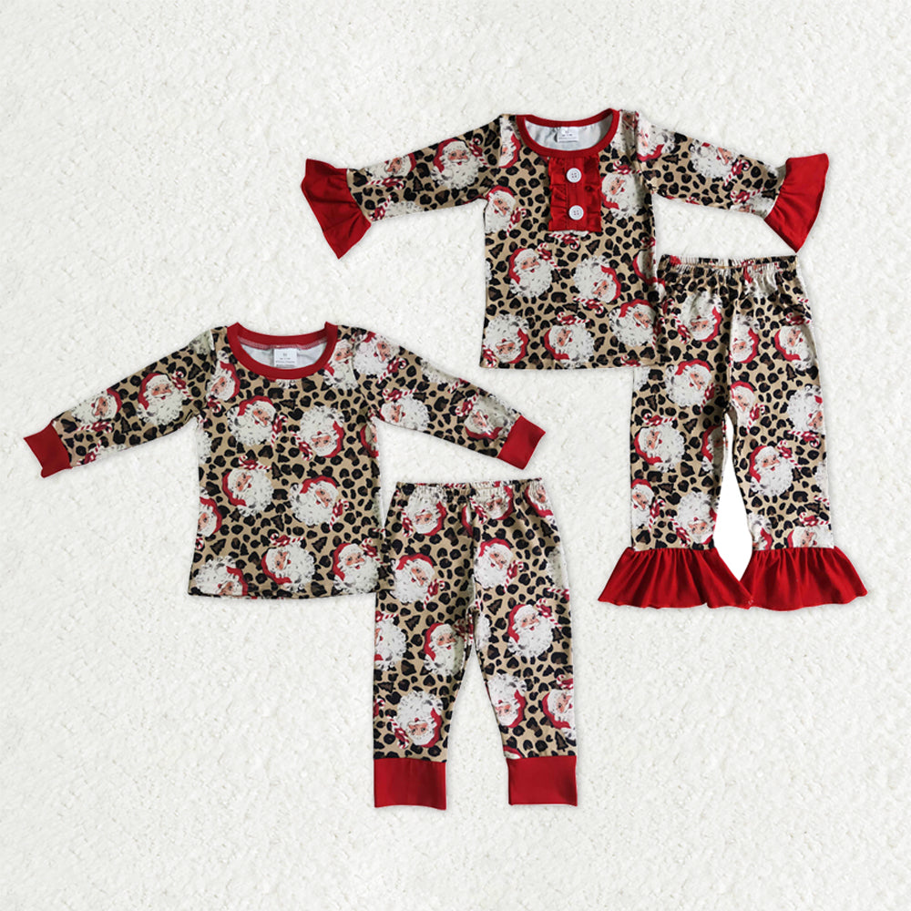 Sibling Baby Boys Girls Santa Leopard Top Pant Christmas Pajamas Sets