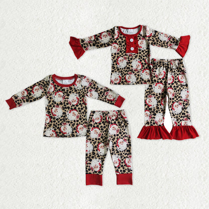 Sibling Baby Boys Girls Santa Leopard Top Pant Christmas Pajamas Sets