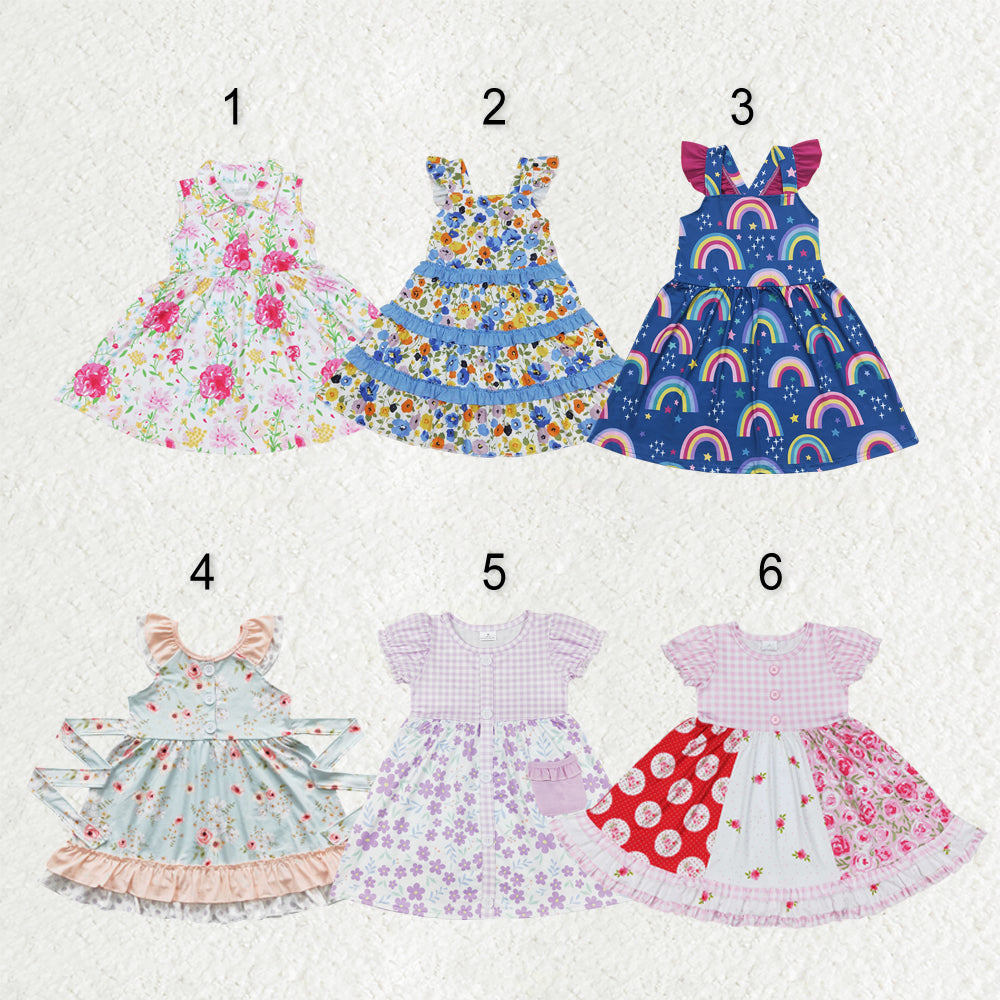 Sibling Baby Girls Flowers Plaid Button Pockets Ruffle Knee Length Dresses