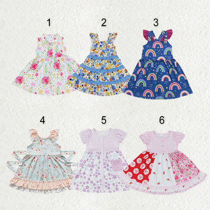 Sibling Baby Girls Flowers Plaid Button Pockets Ruffle Knee Length Dresses