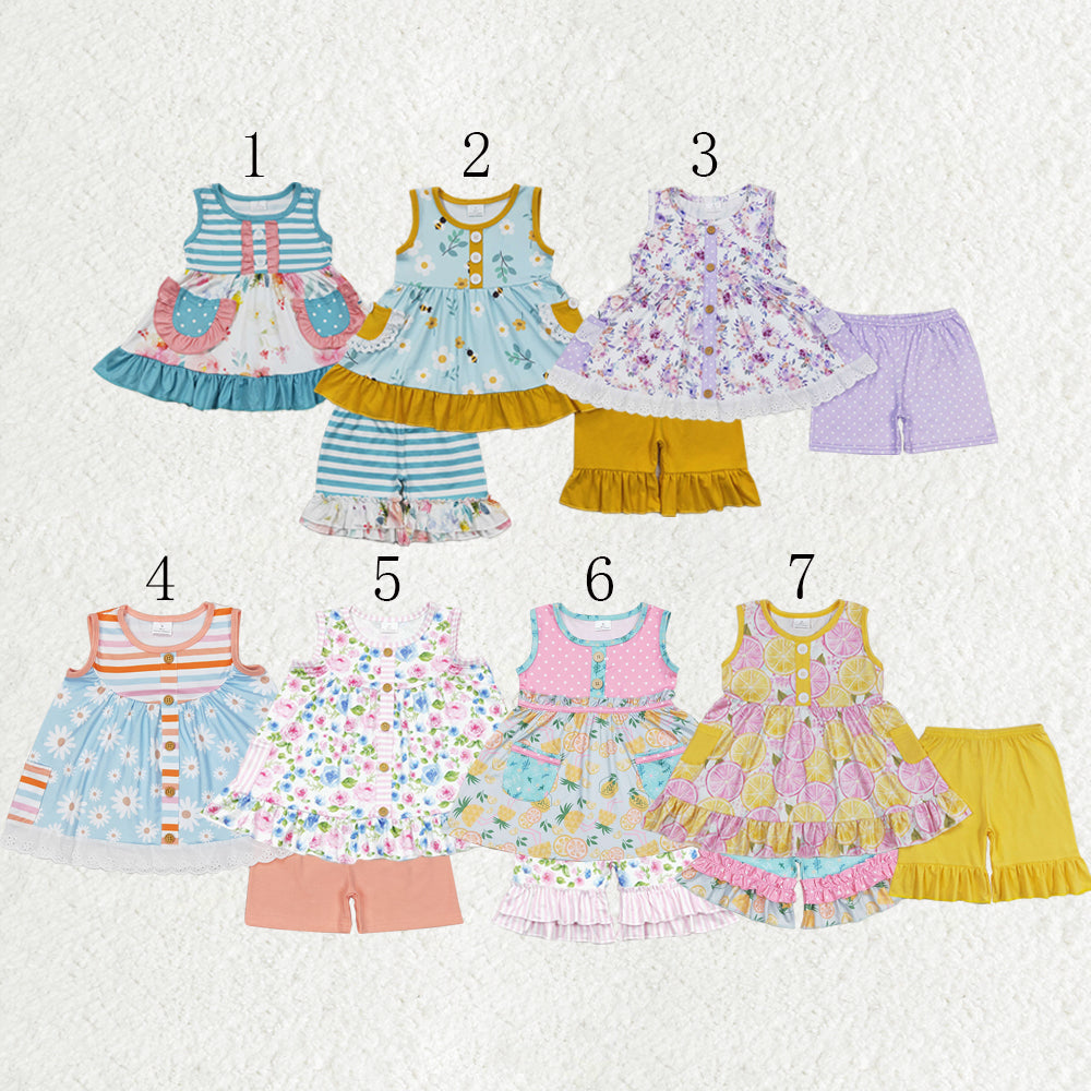 Sibling Baby Girls Sleeveless Bows Lemons Pockets Button Tunic Ruffle Shorts Set