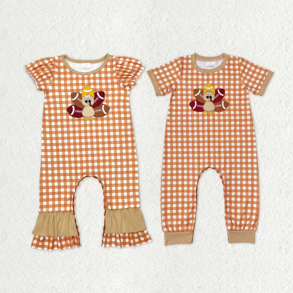 Sibling Baby Boys Girls Embroidery Turkey Footballs Thanksgiving Footie Rompers