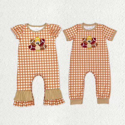 Sibling Baby Boys Girls Embroidery Turkey Footballs Thanksgiving Footie Rompers