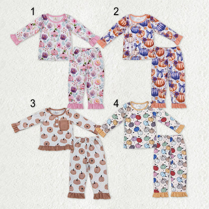 Sibling Baby Girls Pumpkins Plaid Top Ruffle Pants Fall Bamboo Pajamas Sets