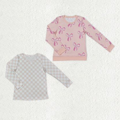 Sibling Adult Women Long Sleeve Pink Bows Checked T-shirts Sleep Wear
