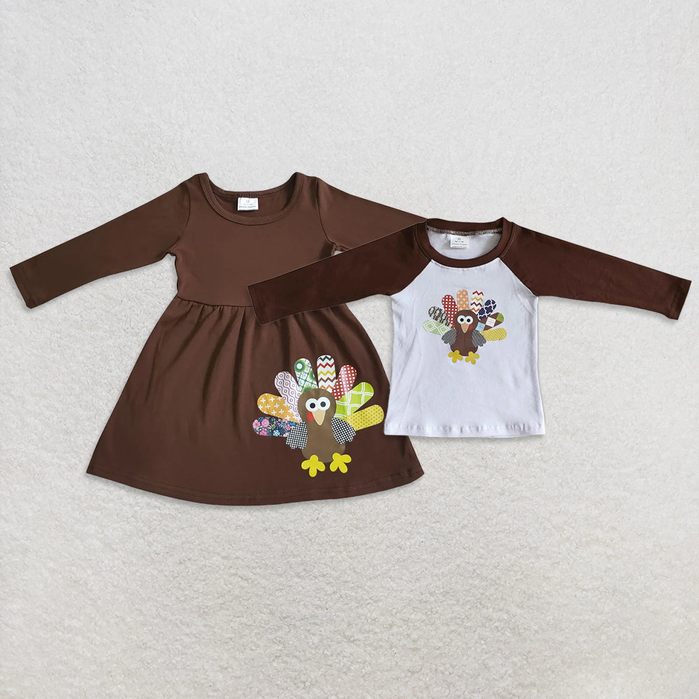 Sibling Baby Girls Bows Brown Turkey Thanksgiving Knee Length Dresses Tee Shirts Top