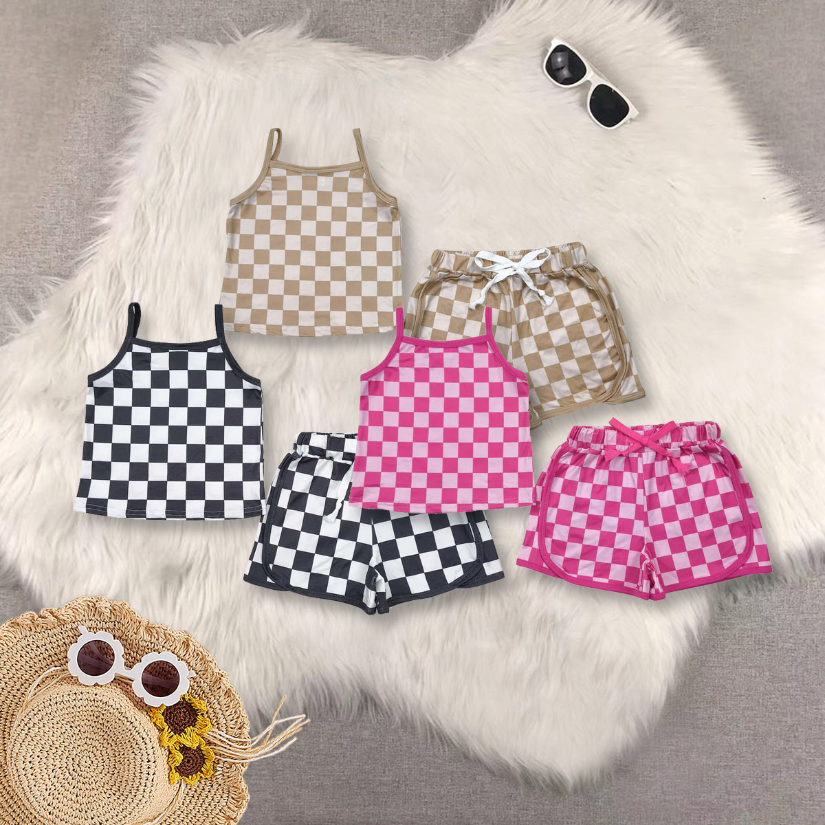 Sibling Baby Girls Strap Plaid Top Short Sports Sets