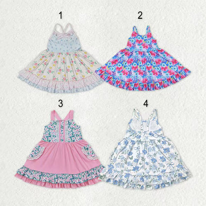 Sibling Baby Girls Strap Flowers Plaid Ruffle Knee Length Dresses