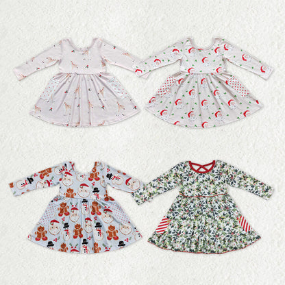 Sibling Baby Girls Santa Gingerbread Candy Cane Pockets Christmas Knee Length Dresses