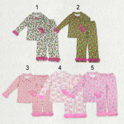 Sibling Adult Women Grin Santa Button Up Top Pants Fur Sleeve Christmas Pajamas Sets