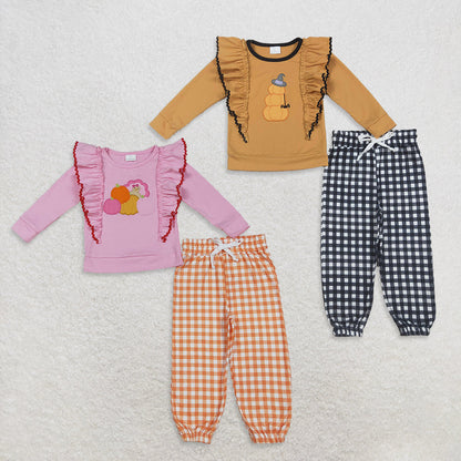 Sibling Embroidery Turkey Pumpkins Spider Baby Girls Flutter Top Jogger Fall Clothes Sets