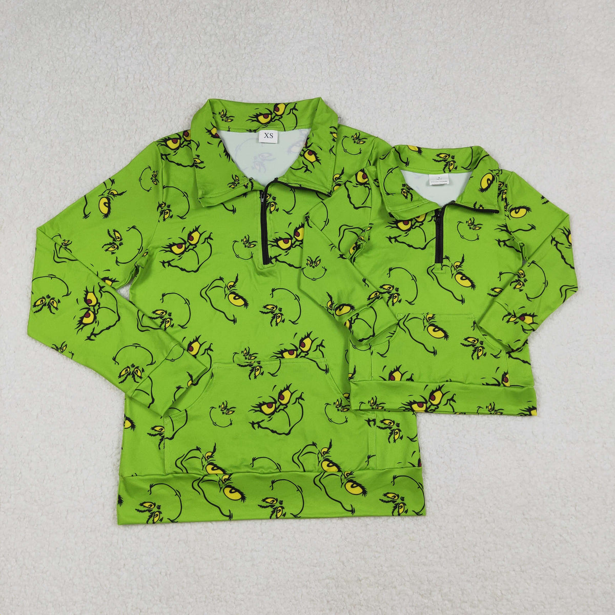 Mama and Me Green Face Plaid Pocket Zipper Christmas Pullover Tops