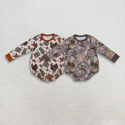 Sibling Baby Boys Brown Camo Turkey Pumpkins Thanksgiving Hunting Rompers