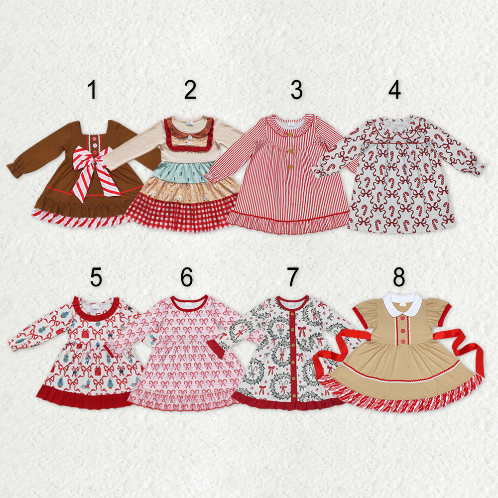 Sibling Baby Girls Candy Cane Stripes Button Christmas Ruffle Knee Length Dresses