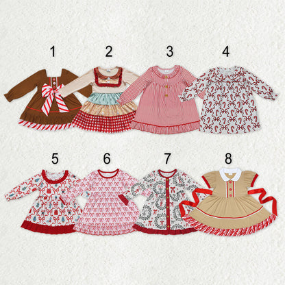 Sibling Baby Girls Candy Cane Stripes Button Christmas Ruffle Knee Length Dresses