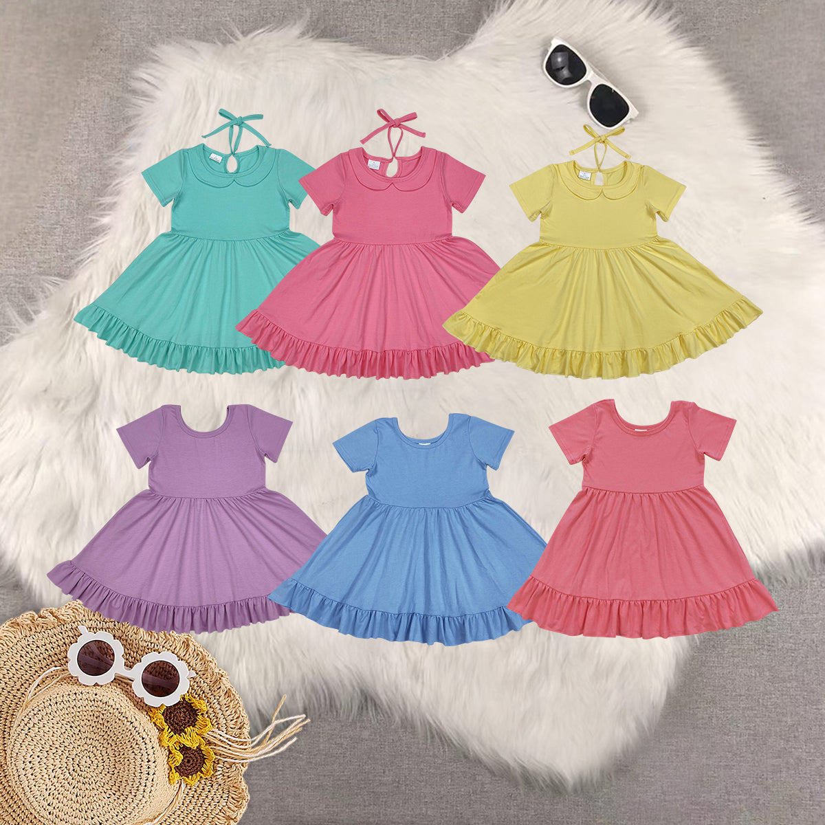 Sibling Baby Girls Round Collar Ruffle Knee Length Dresses