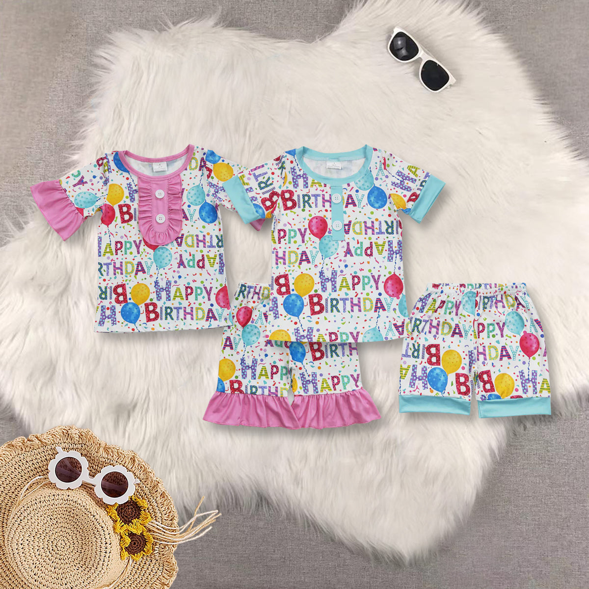 Sibling Baby Kids Short Sleeves Birthday Party Button Top Shorts Summer Pajamas Sets