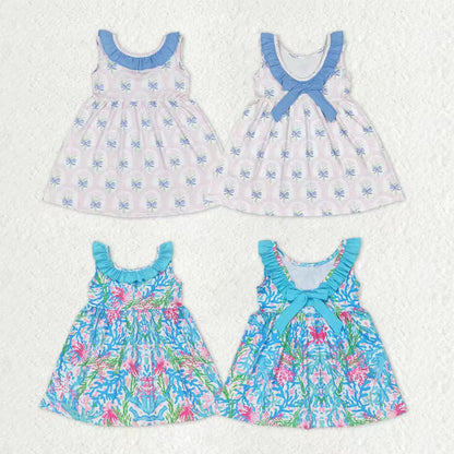 Sibling Baby Girls Sleeveless Flowers Back Bows Ruffle Collar Knee Length Dresses
