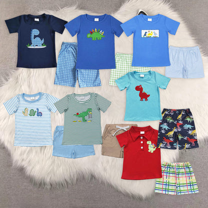 Sibling Baby Boys Back To School Embroidery Dinosaurs Summer Shorts Sets