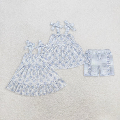 Sibling Baby Girls Blue Flowers Straps Tunic Ruffle Short Set Knee Length Dresses