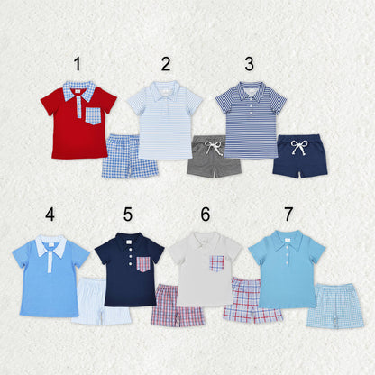Sibling Baby Boys Stripe Plaid Pocket Button Polo Shirts Pockets Short Clothes Set