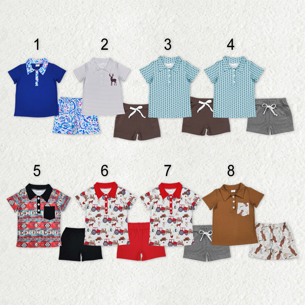 Sibling Baby Boys Deer Aztec Print Button Polo Shirts Pockets Short Western Set
