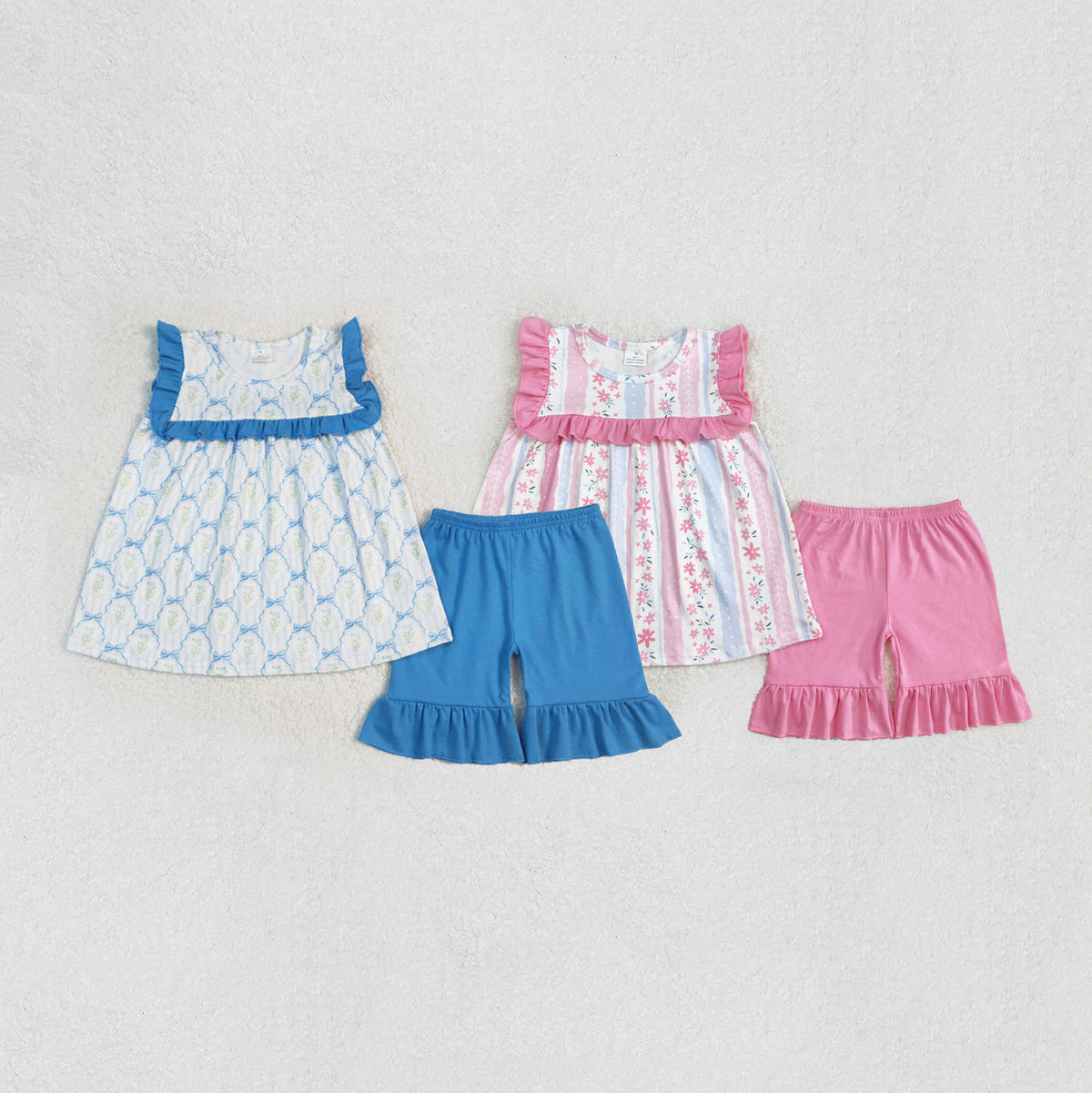 Sibling Baby Girls Bows Flowers Tunic Ruffle Shorts Sets