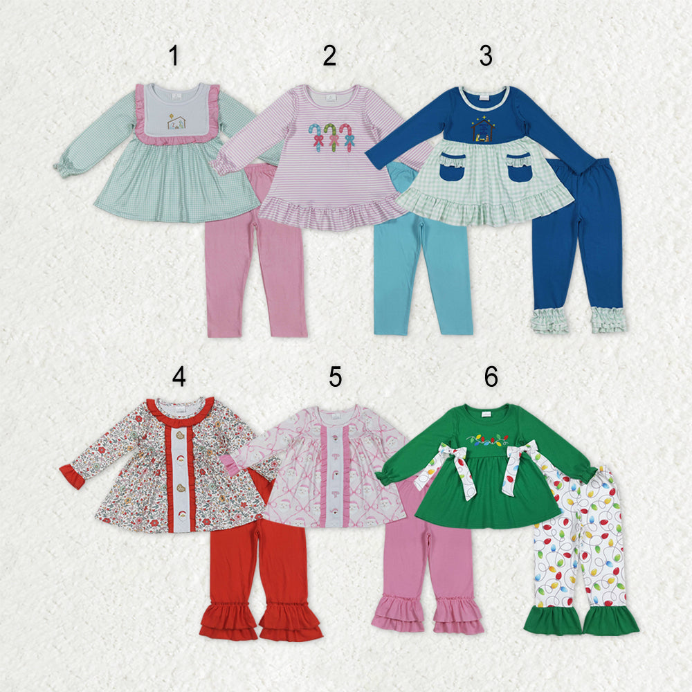 Sibling Baby Girls Embroidery Santa Nativity Candy Cane Lights Tunic Pants Christmas Clothes Sets