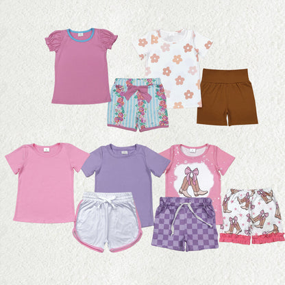 Sibling Baby Girls Short Sleeve Flowers Boot Tops Biking Ruffle Shorts Clothes Sets