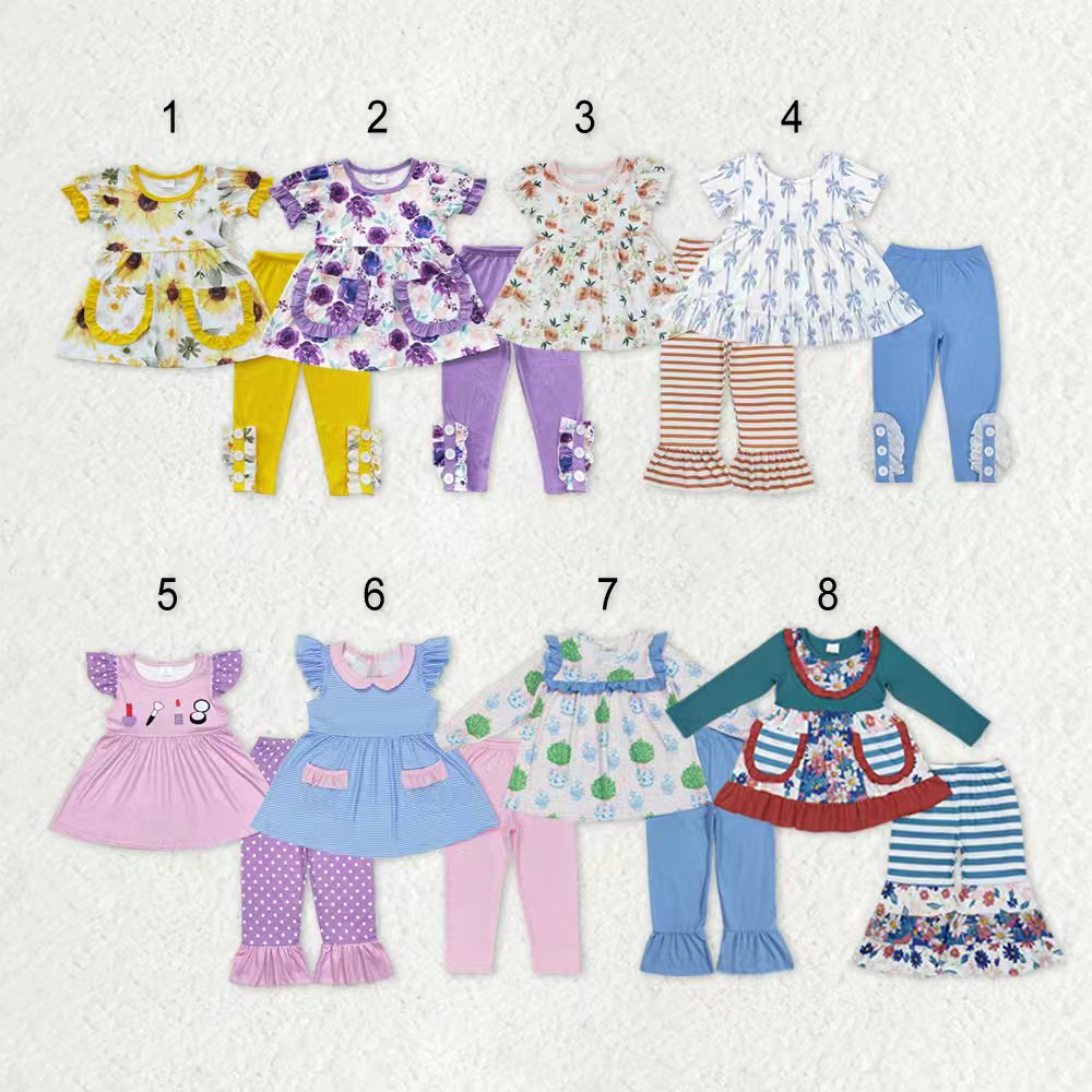 Sibling Baby Girls Bows Flowers Tunic Leggings Pant Ruffle Sleeves Clothes Sets