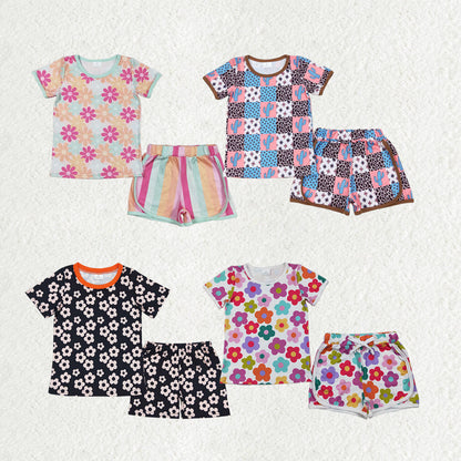 Sibling Baby Girls Flowers Plaid Tee Shirts Shorts Summer Clothes Sets