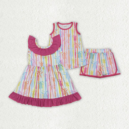 Sibling Baby Girls Sleeveless Colorful Stripe Bows Top Shorts Sets Knee Length Dresses