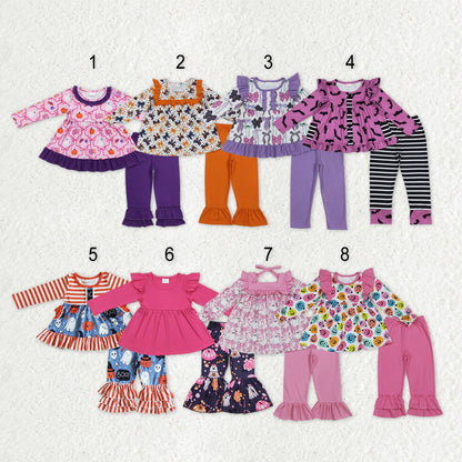 Sibling Baby Girls Ghost Pumpkins Bats Button Pockets Tunic Ruffle Pants Halloween Clothes Sets