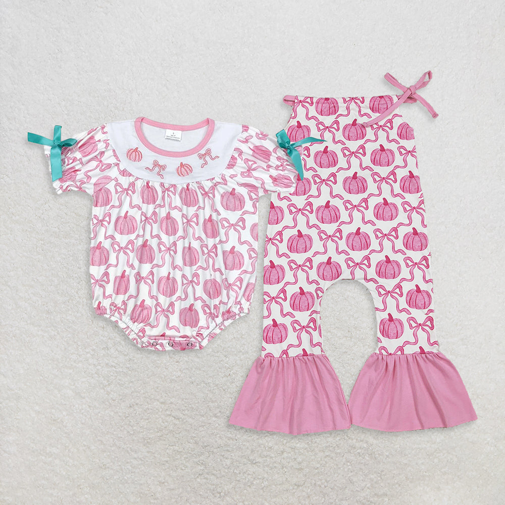 Sibling Baby Girls Pink Pumpkin Bows Sister Rompers